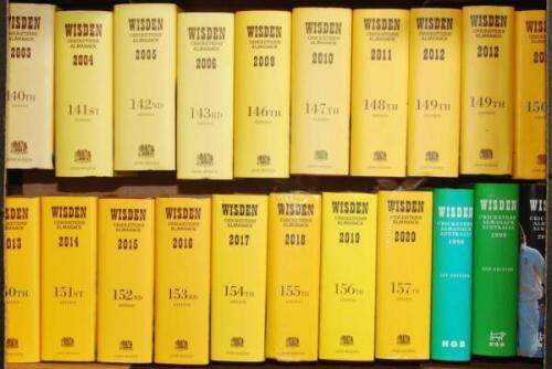 Wisden Cricketers' Almanack 2000 to 2020, lacking 2007 and 2008, with duplicate copies of the 2012 and 2013 issues. Original hardback with dustwrappers. Very good condition. Sold with a hardback edition of 'An Index to Wisden 1864-1984'. Compiled by Derek