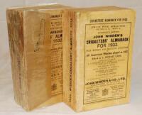 Wisden Cricketers' Almanack 1932 and 1933. 69th & 70th editions. Original paper wrappers. The 1932 in need of a rebind, broken spine block, tape to half of the front and rear wrappers, rear wrapper detached, the 1933 edition with soiled and age toned wrap