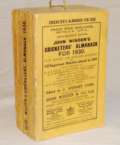 Wisden Cricketers' Almanack 1930. 67th edition. Original paper wrappers. Very minor wear to spine paper, minor spotting to rear wrapper otherwise in good/very good condition - cricket