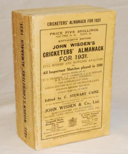 Wisden Cricketers' Almanack 1931. 68th edition. Original paper wrappers. Minor wear to spine edge with small loss otherwise in generally good/very good condition - cricket