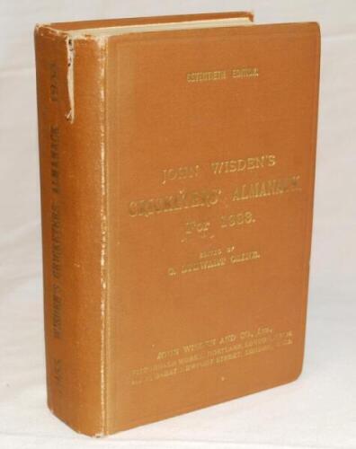 Wisden Cricketers' Almanack 1933. 70th edition. Original hardback. One and a quarter inch tear to head of spine paper, some general wear to boards and spine paper, some dulling to a greater and lesser extent to spine paper and front board. Internally in v