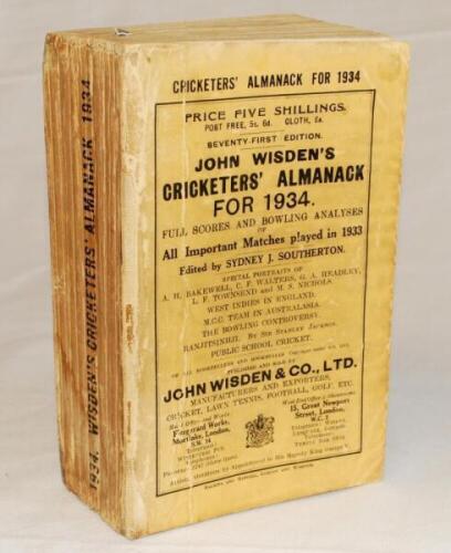 Wisden Cricketers' Almanack 1934. 71st edition. Original paper wrappers. Some wear, soiling and age toning to wrappers, crease to front wrapper, odd nick to wrapper edge otherwise in good condition - cricket