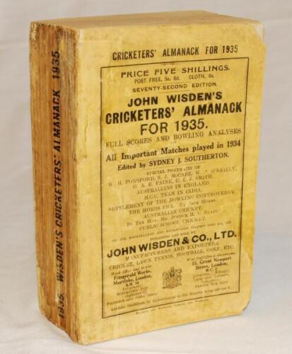 Wisden Cricketers' Almanack 1935. 72nd edition. Original paper wrappers. Some wear, soiling and age toning to wrappers and spine, creasing to both wrappers, odd signed of possible restoration around the edge of the front wrapper where it meets the spine, 