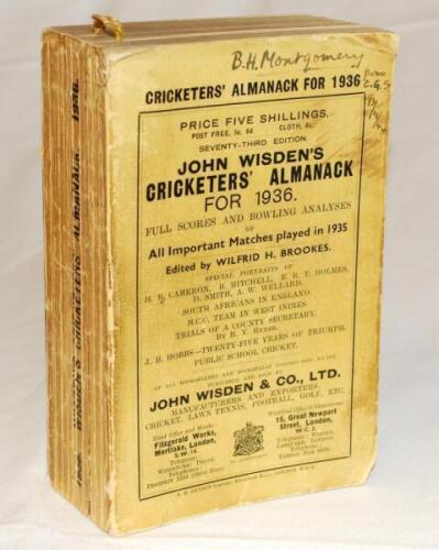 Wisden Cricketers' Almanack 1936. 73rd edition. Original paper wrappers. Some wear, soiling and age toning to wrappers and spine, handwritten name and date of ownership to top border of the front wrapper, some wear to spine paper with small loss, some wea