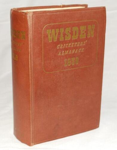 Wisden Cricketers' Almanack 1939. 76th edition. Original hardback. Some dulling to gilt titles, some bumping to corners, . Slightly breaking front internal hinge and soiling to page block edge, breaking and broken internal hinges, one page section slightl