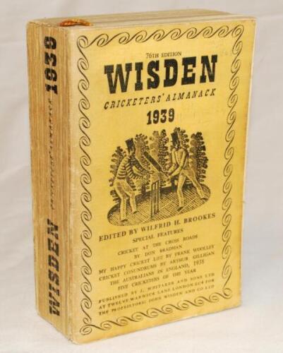 Wisden Cricketers' Almanack 1939. 76th edition. Original cloth covers. Soiling and age toning to covers and spine, faint signs of pencil annotation to front cover otherwise in good condition - cricket