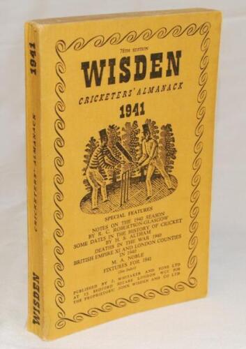 Wisden Cricketers' Almanack 1941. 78th edition. Original limp cloth covers. Only 3200 paper copies printed in this war year. Very good condition. Rare war-time edition - cricket