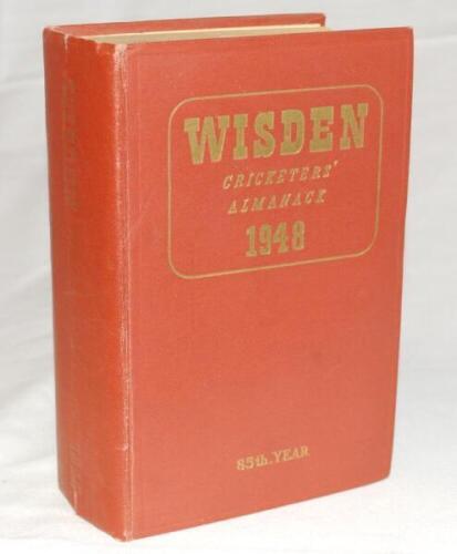 Wisden Cricketers' Almanack 1948. Original hardback. Usual browning to page edges, dulling to gilt titles on the spine, minor crease and minor nicks to spine paper, slight wear to the internal hinges otherwise in good condition - cricket
