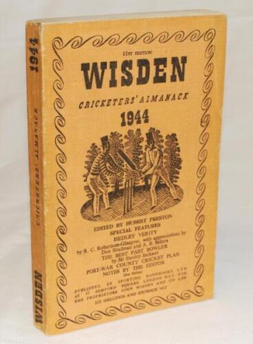 Wisden Cricketers' Almanack 1944. 81st Edition. Original limp cloth covers. Only 5600 paper copies printed in this war year. Signature and date of ownership to first advertising page otherwise in very good condition. Rare war-time edition - cricket