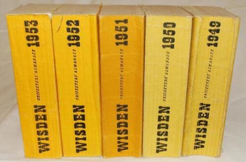 Wisden Cricketers' Almanack 1949 to 1953. Original limp cloth covers. Bowing to the spine of the 1949 edition otherwise in good condition. Qty 5 - cricket