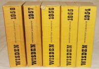 Wisden Cricketers' Almanack 1954 to 1958. Original limp cloth covers. Tear to the head of the spine of the 1956 edition otherwise in good condition. Qty 5 - cricket