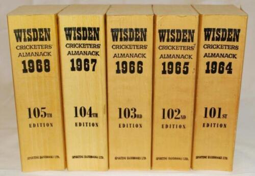 Wisden Cricketers' Almanack 1964 to 1968. Original limp cloth covers. Minor bowing to odd spine otherwise in good condition. Qty 5 - cricket