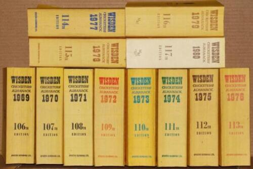 Wisden Cricketers' Almanack 1969 to 1980. Original limp cloth covers. Minor bowing to the odd spine otherwise in good condition. Qty 12 - cricket