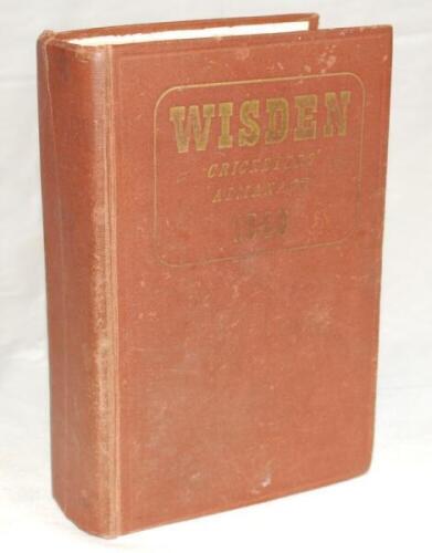 Wisden Cricketers' Almanack 1940. 77th edition. Original hardback. Limited number of copies printed in this war year. Broken front and rear internal hinges, faded gilt titles to spine, dulling to gilt titles on the front board otherwise in good condition.