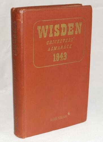 Wisden Cricketers' Almanack 1943. 80th edition. Original hardback. Only 1400 hardback copies were printed in this war year. Some wear to boards, minor light creasing to bottom of rear board, dulling to gilt titles, minor bumping to corners otherwise in go