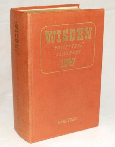 Wisden Cricketers' Almanack 1947. Original hardback. Some dulling to gilt titles on the front board and spine paper, to a lesser or greater extent. Slight wear to the internal hinges at front and rear otherwise in good condition - cricket