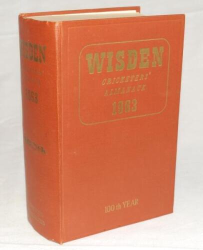 Wisden Cricketers' Almanack 1963. Original hardback. Minor dulling to the gilt titles on front board and spine, minor soiling to page block edge otherwise in good/very good condition - cricket