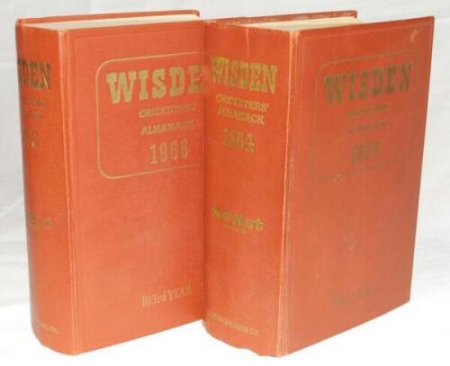 Wisden Cricketers' Almanack 1964 and 1966. Original hardback. The 1964 edition with dulling to gilt titles on front board and spine, slight wrinkling to spine paper, rear hinge weak, the 1966 edition lacking dustwrapper, slight creasing to spine paper oth