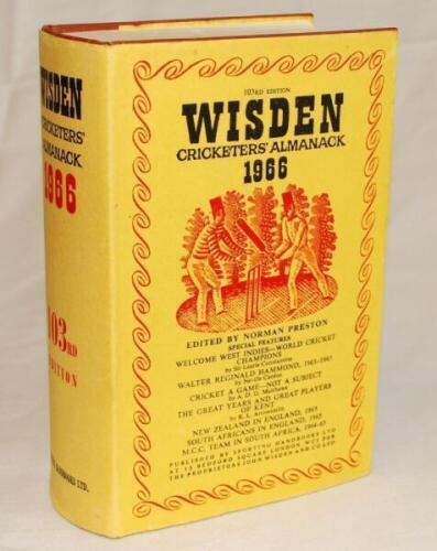 Wisden Cricketers' Almanack 1966. Original hardback with dustwrapper. Minor wear to dustwrapper otherwise in good/very good condition - cricket