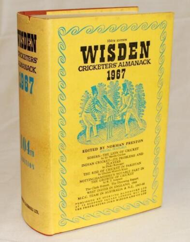 Wisden Cricketers' Almanack 1967. Original hardback with dustwrapper. Minor wear to dustwrapper, 'cup' stain to rear dustwrapper otherwise in good+ condition - cricket