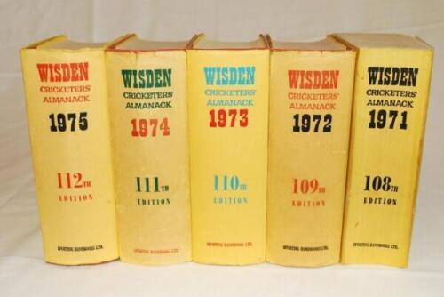Wisden Cricketers' Almanack 1971 to 1975. Original hardback with dustwrapper with the exception of the 1971 edition which is a softback edition. The 1971 edition with bowing to spine, the four hardback editions with minor wear to dustwrapper and some age 