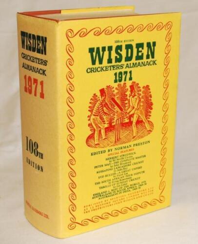 Wisden Cricketers' Almanack 1971. Original hardback with dustwrapper. Very minor wear to dustwrapper, some age toning to dustwrapper spine otherwise in generally good/very good condition - cricket
