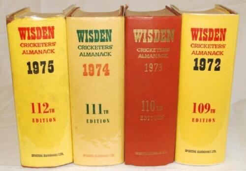 Wisden Cricketers' Almanack 1972, 1973, 1974 and 1975. Original hardbacks, three with dustwrapper, the 1973 lacking dustwrapper. Slight wear to the dustwrapper of the 1975 edition, the 1972 edition with minor wear to gilt titles on front board otherwise i