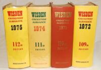 Wisden Cricketers' Almanack 1972, 1973, 1974 and 1975. Original hardbacks, three with dustwrapper, the 1973 lacking dustwrapper. Slight wear to the dustwrapper of the 1975 edition, the 1972 edition with minor wear to gilt titles on front board otherwise i