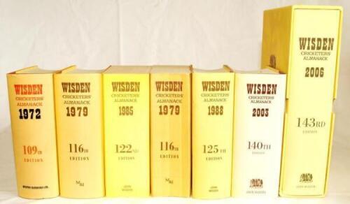 Wisden Cricketers' Almanack 1972, 1979 (2), 1985, 1988, 2003 and 2006. The 1979 and 1985 are softback editions, the 2006 is a large format edition. The remainder are all original hardbacks with dustwrapper. The 1972 edition in good/very good condition. Qt