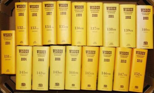 Wisden Cricketers' Almanack 1994 to 2010 and 2015. Original hardbacks with dustwrappers. Minor light fading to the spine of the 2003 edition otherwise in good/very good condition. Qty 18 - cricket