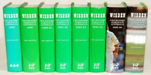 Wisden Cricketers' Almanack- Australia. Full set of eight Almanacks for 1998 (1st Edition), 1999, 2000-01, 2001-02 2002-03, 2003-04, 2004-05, 2005-06 . Original hardbacks with dustwrappers. Minor fading to the spine of the 1998 dustwrapper otherwise in go