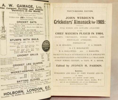 Wisden Cricketers' Almanack 1905. 42nd edition. Bound in blue/black half leather, lacking original paper wrappers, with gilt titles to spine, red speckled page edges. Trimming by binder, a little tight otherwise in good/very good condition - cricket