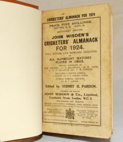 Wisden Cricketers' Almanack 1924. 61st edition. Original paper wrappers, bound in light brown boards with gilt lettering titles to front board and spine, similar to a Willows reprint. Vendor's personal bookplate to front blank white end paper. Some fading