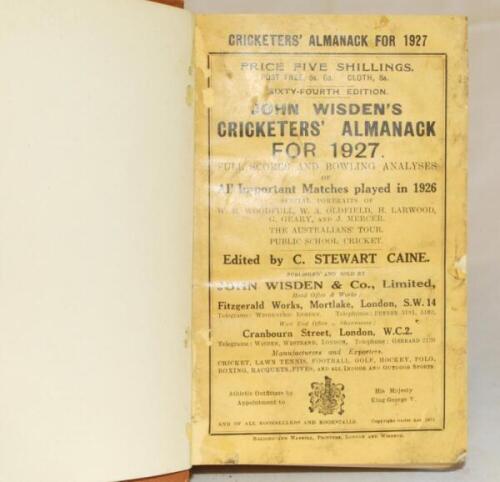 Wisden Cricketers' Almanack 1927. 64th edition. Original paper wrappers, bound in light brown boards with gilt lettering titles to front board and spine, similar to a publishers rebound. Some wear and soiling to wrappers, minor soiling internally, darkeni