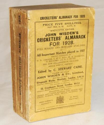 Wisden Cricketers' Almanack 1928. 65th edition. Original paper wrappers. Some soiling, age tone and wear to wrappers, some loss to spine paper otherwise in good condition - cricket
