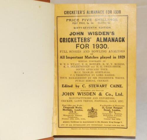 Wisden Cricketers' Almanack 1930. 67th edition. Original paper wrappers, bound in light brown boards with gilt lettering titles to front board and spine, similar to a publishers rebound. Good condition - cricket