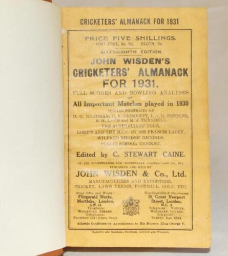 Wisden Cricketers' Almanack 1931. 68th edition. Original paper wrappers, bound in light brown boards with gilt lettering titles to front board and spine, similar to a publishers rebound. Good condition - cricket