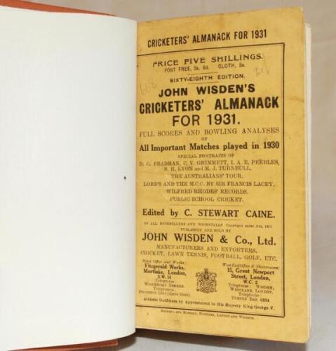 Wisden Cricketers' Almanack 1931. 68th edition. Original paper wrappers, bound in light brown boards with gilt lettering titles to spine. Good condition - cricket