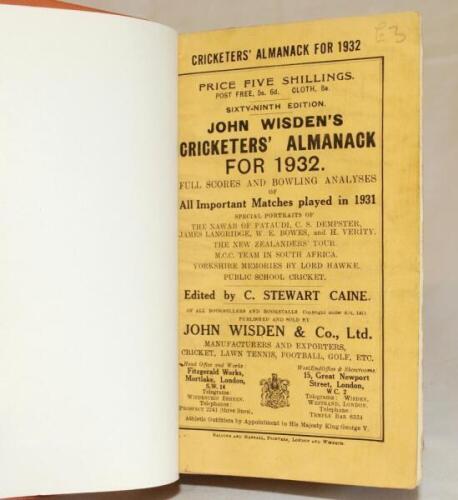 Wisden Cricketers' Almanack 1932. 69th edition. Original paper wrappers, bound in light brown boards with gilt lettering titles to spine. Odd minor faults otherwise in good condition - cricket