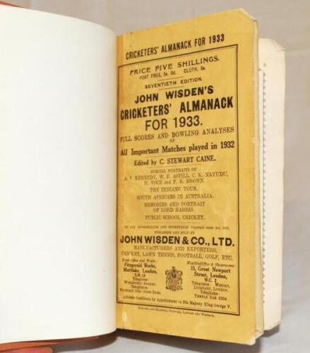 Wisden Cricketers' Almanack 1933. 70th edition. Original paper wrappers, bound in light brown boards with gilt lettering titles to spine. Minor wear to front wrapper, small loss to corners otherwise in good condition - cricket