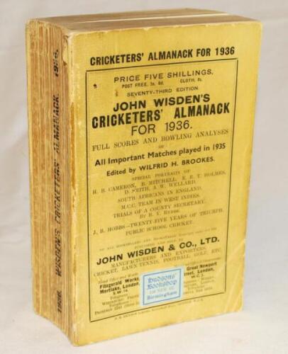 Wisden Cricketers' Almanack 1936. 73rd edition. Original paper wrappers. Slight bowing to spine, some soiling and age toning to wrappers and spine, minor loss to spine paper otherwise in good condition - cricket