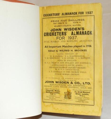 Wisden Cricketers' Almanack 1937. 74th edition. Original paper wrappers, bound in light brown boards with gilt lettering titles to spine. Some soiling and staining to wrappers, vertical crease to rear wrapper otherwise in good condition - cricket