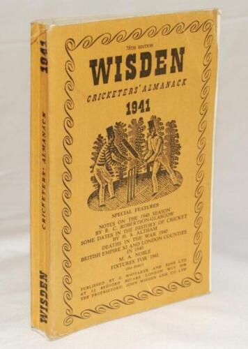 Wisden Cricketers' Almanack 1941. 78th edition. Original limp cloth covers. Only 3200 paper copies printed in this war year. Minor wear to covers, slight bowing to spine, slight breaking to front internal hinge otherwise in good condition. Rare war-time e