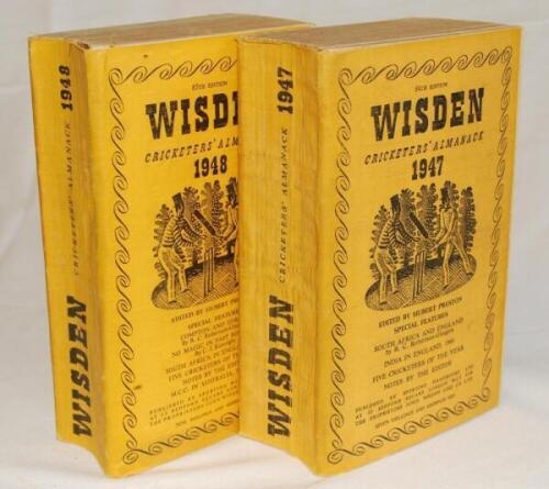 Wisden Cricketers' Almanack 1947 and 1948. Original limp cloth covers. Some bowing to the spines of both editions, both with usual browning to page edges, light foxing to the 1947 edition otherwise in good condition. Qty 2 - cricket