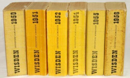 Wisden Cricketers' Almanack 1950, 1951, 1952, 1954, 1955 and 1956. Original cloth covers. The 1950 edition with slightly cocked spine to the right and some soiling to covers, the 1951 edition with slight bowing to spine and the 1952 edition with some wear