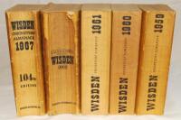 Wisden Cricketers' Almanack 1959, 1960, 1961, 1963 and 1967. Original cloth covers. The 1959 edition has slight bowing to spine, the first two editions with slight darkening to spines otherwise the first three editions in good condition. The 1963 and 1967