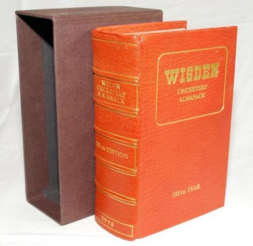 Wisden Cricketers' Almanack 1998. 135th edition. The book has been beautifully bound very similar to a Wisden de luxe full leather bound limited edition hardback, without original wrappers. Gilt titles, lettering and to all edges. Marbled end papers. In s