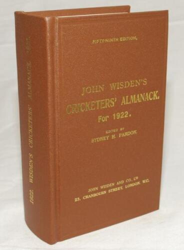 Wisden Cricketers' Almanack 1922. Willows hardback reprint (2006) in dark brown boards with gilt lettering. Limited edition 399/500. Very good condition - cricket