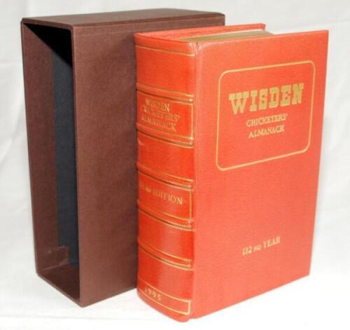 Wisden Cricketers' Almanack 1995. 132nd edition. The book has been beautifully bound very similar to a Wisden de luxe full leather bound limited edition hardback, without original wrappers. Gilt titles, lettering and to all edges. Marbled end papers. In s