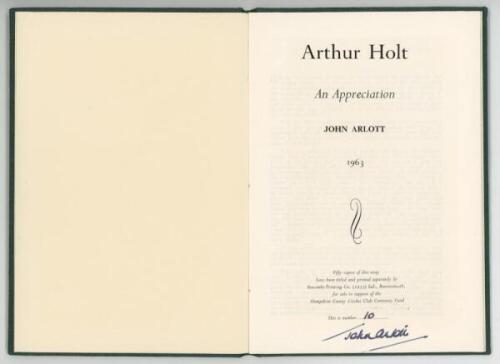 'Arthur Holt. An Appreciation'. John Arlott. Boscombe Printing Co. 1963. Privately printed. 8 pages. Limited edition of fifty copies produced for the Hampshire C.C.C. Centenary Fund, of which this is no. 10, signed by the author Arlott. Rare. G/VG - crick